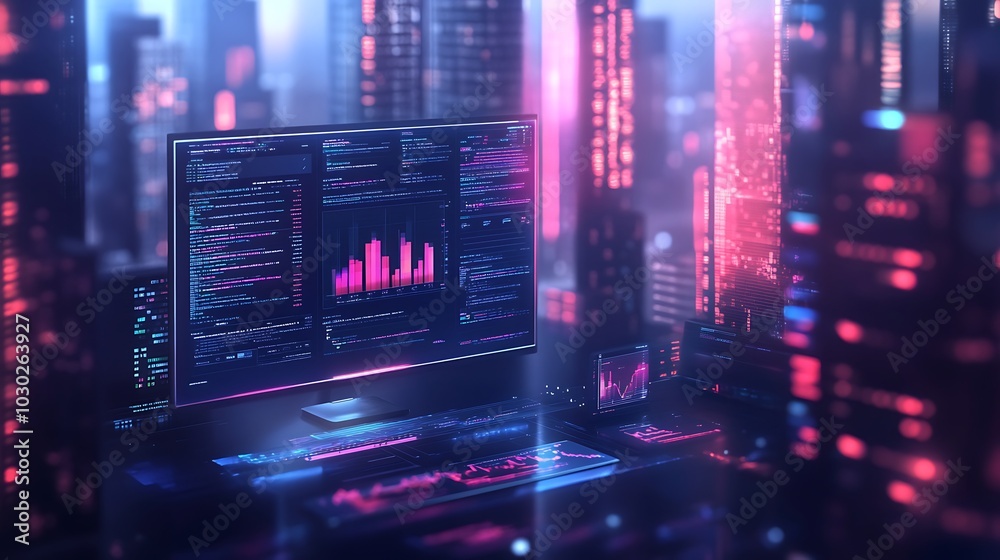 Obraz premium A tech startup's legal software development process, code running on one screen while legal documents are digitally analyzed on another, a futuristic workspace with clean lines,