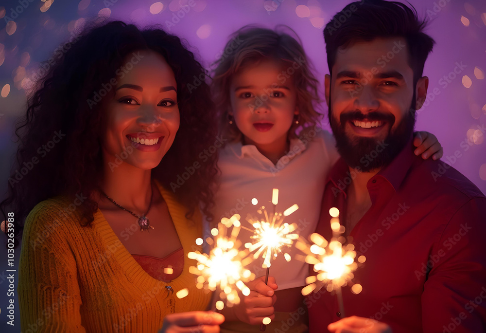 Fototapeta premium joyful family celebration with woman, man, and child holding sparklers, surrounded by festive atmosphere. warm smiles and sparkling lights create magical moment