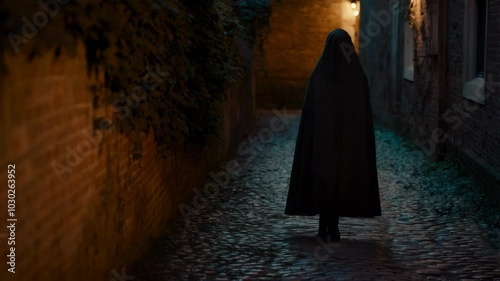 Cloaked Figure in Dark Alleyway