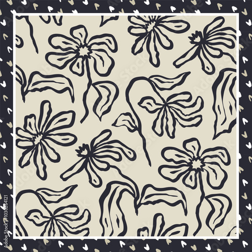 Monochrome black and white brush strokes inky flowers scarf or bandana design. Abstract floral contemporary background.