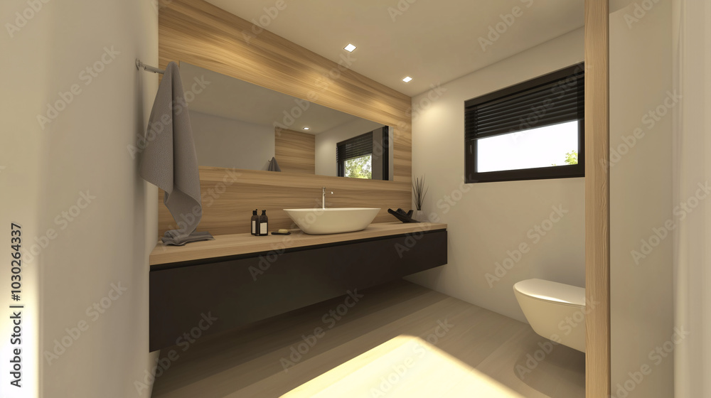 Minimalist bathroom design with a wall-mounted sink, open shelving, and a touch of greenery for a natural feel Minimalist bathroom design with a wall-mounted sink, open shelving, and a touch of greenery for a natural feel