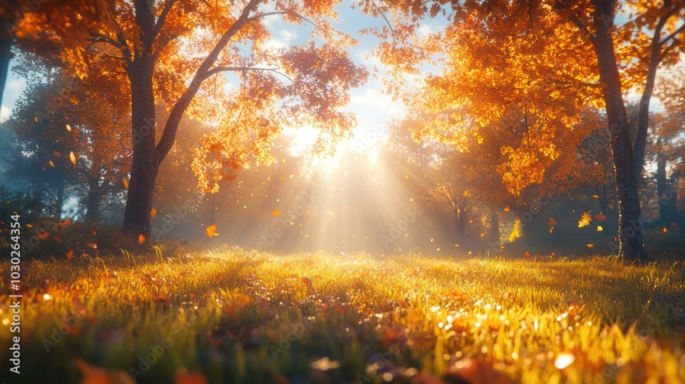 Obraz premium A golden autumn forest with sunrays shining through the trees.