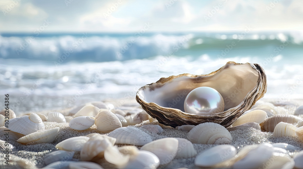 A pearl nestled inside an oyster shell, placed among smooth beach pebbles and seashells, with the ocean in the distance, creating a serene seaside ambiance. A pearl nestled inside an oyster shell, placed among smooth beach pebbles and seashells, with the ocean in the distance, creating a serene seaside ambiance.