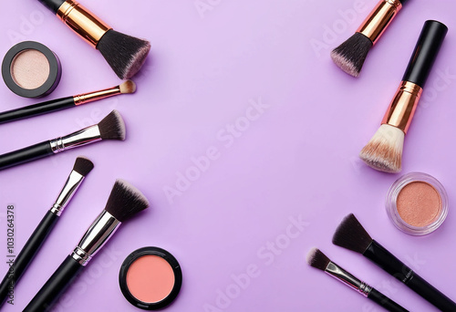 Makeup brushes and blush products are beautifully arranged on soft purple background, showcasing variety of tools for makeup application. vibrant colors and textures create inviting atmosphere for