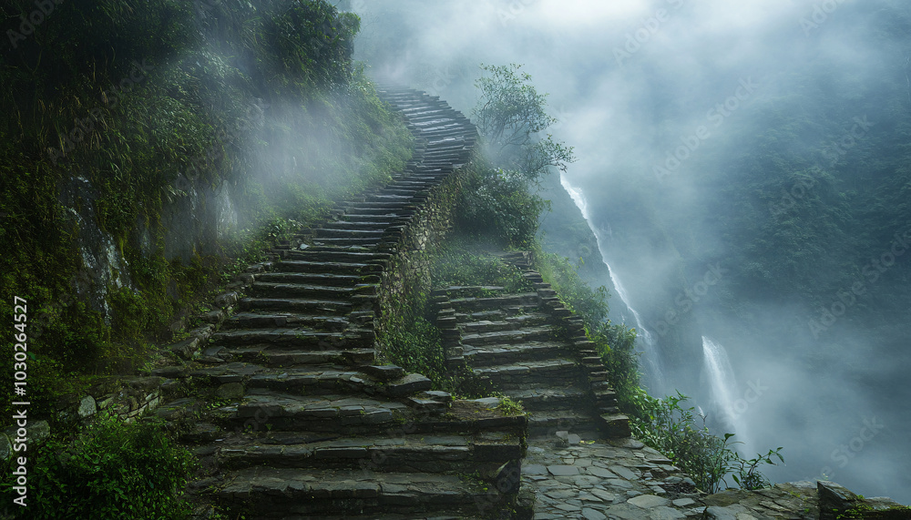 Fototapeta premium A colossal stone staircase winds endlessly through a mist-covered valley