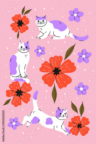 Poster or postcard with cute cats and flowers. Vector graphics.