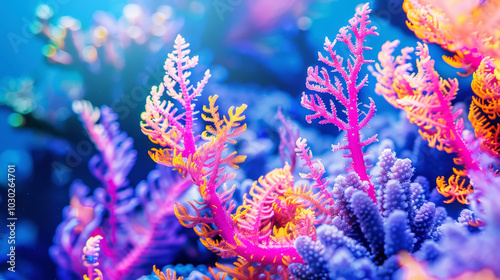 Aesthetic oceanic colorful fluorescent coral reef on blue background. Copy space. Aquarium hobby. Generative AI photo