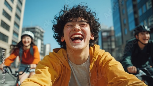 A young man laughs joyfully while riding his bike with friends in the city.