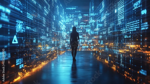 An AI-powered legal research platform, data-driven visualizations of case law floating in a virtual space, a lawyer using advanced tech tools to automate document reviews, modern minimalist design,