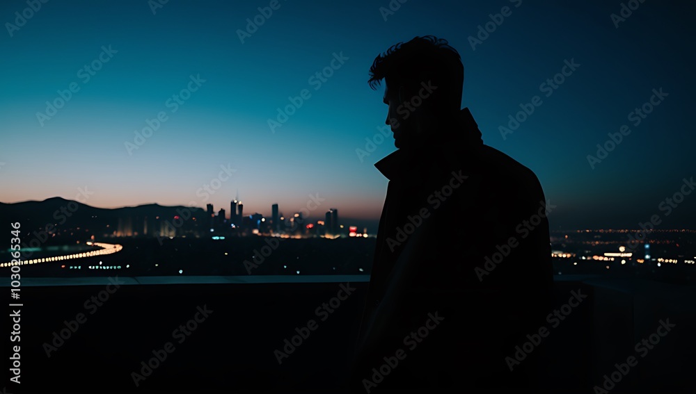 Fototapeta premium man stands alone darkness creating simple silhouette bright city background