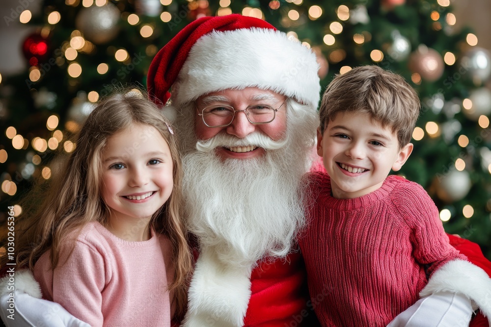 Santa and two kids, girl and boy. Happy Santa Claus in red costume hugs a smiling little siblings. Christmas tree background. Winter celebration with cheerful children. Holiday spirit. Family Memories