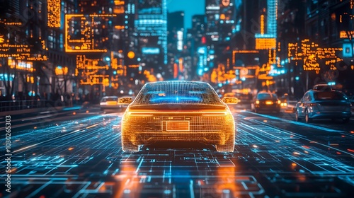 An autonomous vehicle with holographic warnings showing potential legal issues and safety concerns, lawyers reviewing AI driving data, futuristic cityscape with glowing digital road signs,