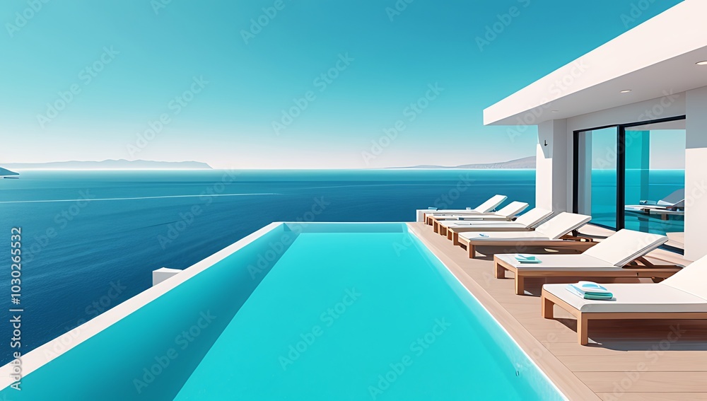 Fototapeta premium beautiful turquoise pool surrounded sunbeds breathtaking sea view perfect relaxing summer getaway atmosphere