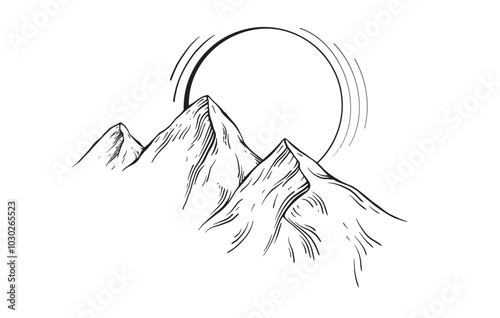 Minimalistic hand drawn Sun over mountains. Vector illustration in linear drawing style for adventure or camping on isolated background. Black etching of luggage for tourism trip or hiking.