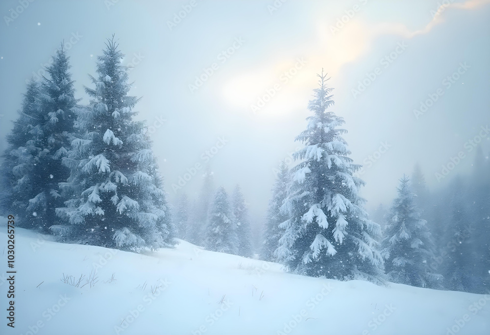 serene winter landscape featuring snow covered evergreen trees shrouded in mist, creating tranquil and ethereal atmosphere. soft light peeking through fog adds magical touch to scene serene winter landscape featuring snow covered evergreen trees shrouded in mist, creating tranquil and ethereal atmosphere. soft light peeking through fog adds magical touch to scene