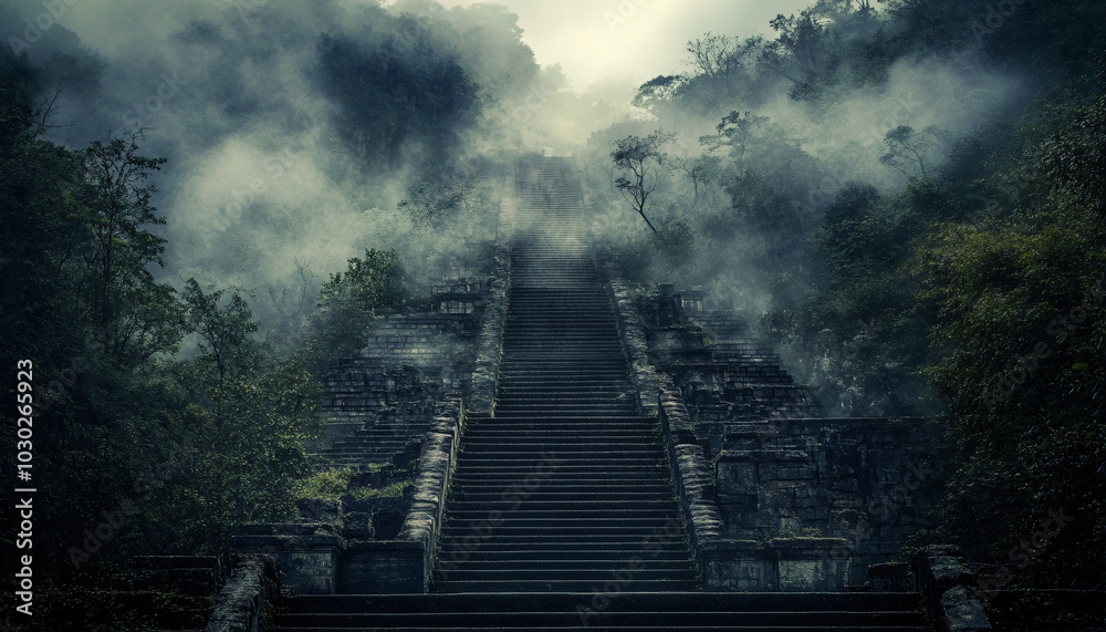 Fototapeta premium A colossal stone staircase winds endlessly through a mist-covered valley