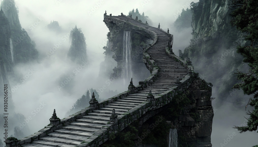 Fototapeta premium A colossal stone staircase winds endlessly through a mist-covered valley