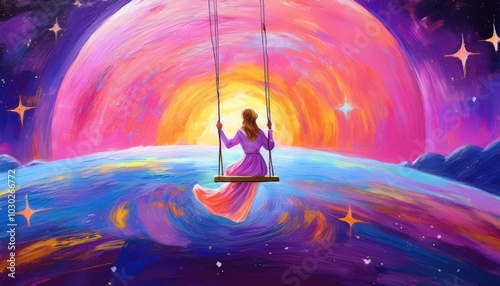 Painted Girl on a huge swing in front of a planetscape In Front of a little universe pink and blue planets and stars