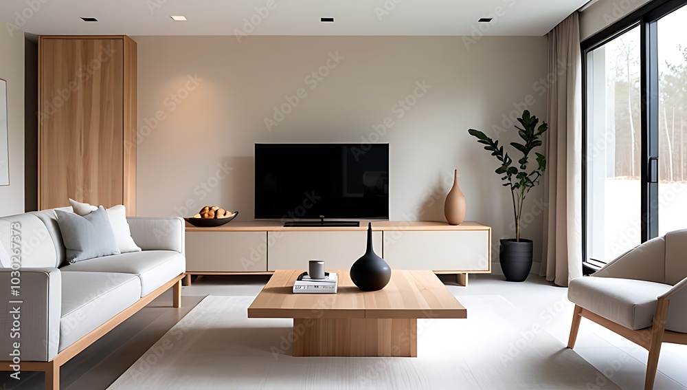 Fototapeta premium modern furniture fills cozy living space natural wood tones neutral colors peaceful atmosphere