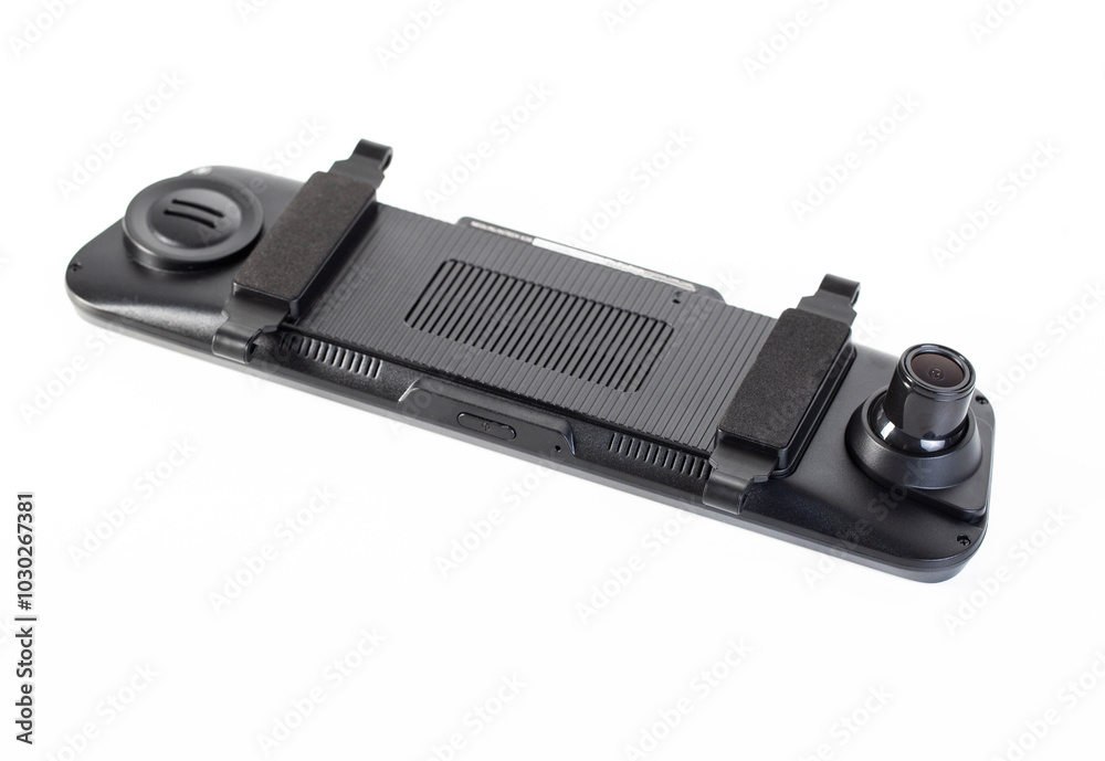 Car mirror with rear view camera and video recorder on a white background, isolate, close-up Car mirror with rear view camera and video recorder on a white background, isolate, close-up