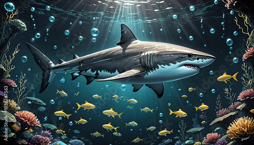 Large shark swimming under the sea surface