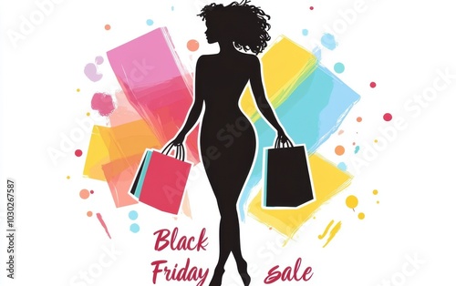 Black woman silhouette with shopping bags, colorful background, text 