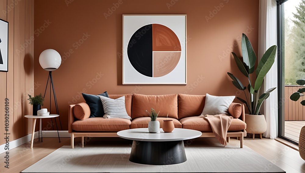 modern living room features round coffee table terra cotta cushions near paneling wall art poster scandinavian style home modern living room features round coffee table terra cotta cushions near paneling wall art poster scandinavian style home