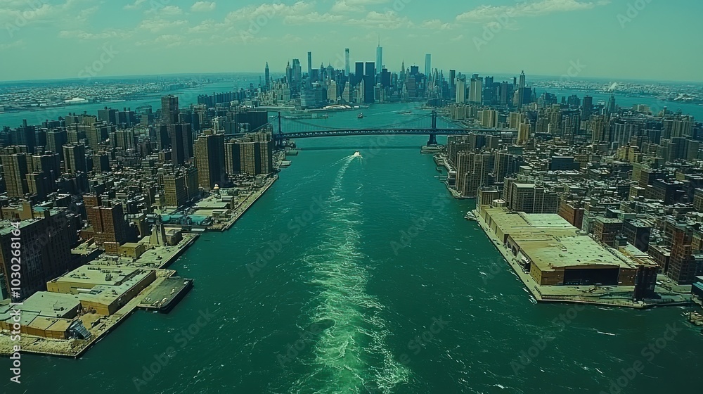 Fototapeta premium Aerial view of a city skyline with a river and bridges.