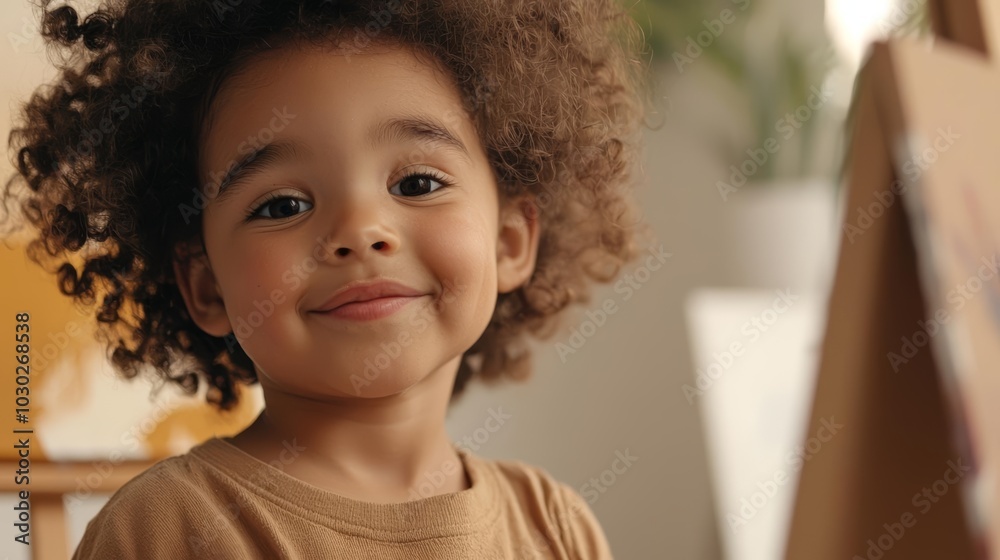 Cheerful child with curly hair smiling in a creative environment. Cheerful child with curly hair smiling in a creative environment.