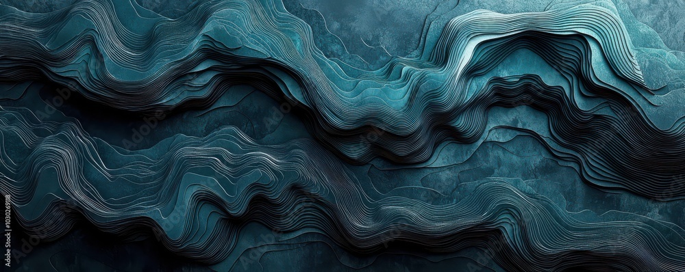Topographic wall art in black and teal with dark gray tones, depicting layered abstract landscape design Topographic wall art in black and teal with dark gray tones, depicting layered abstract landscape design