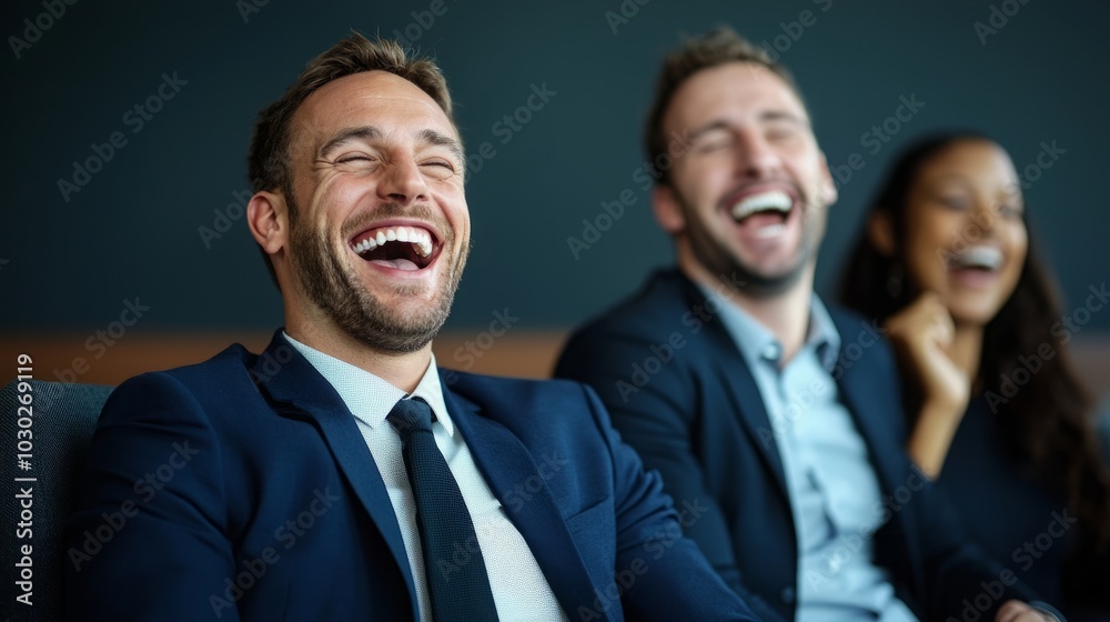 A group of three businesspeople, one woman and two men, laugh together, enjoying each other's company and a good time. The lighthearted energy is contagious. A group of three businesspeople, one woman and two men, laugh together, enjoying each other's company and a good time. The lighthearted energy is contagious.