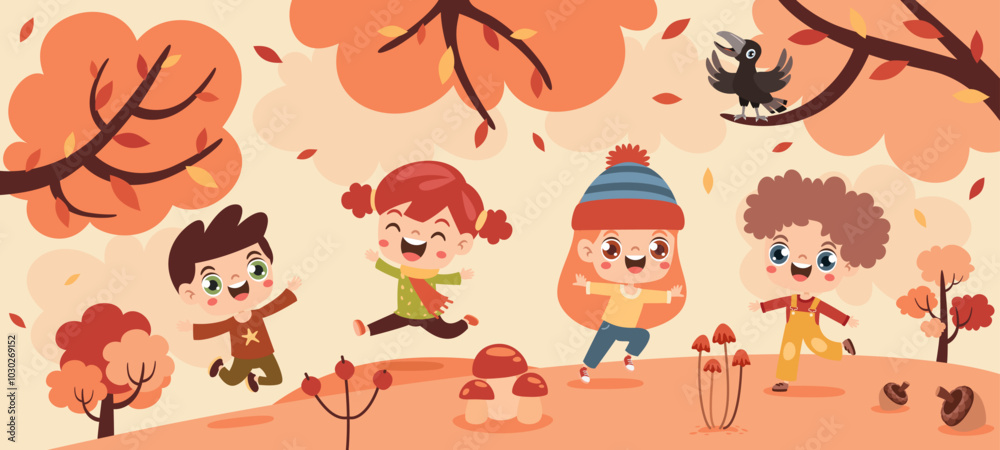 Fototapeta premium Autumn Illustration With Cartoon Kids