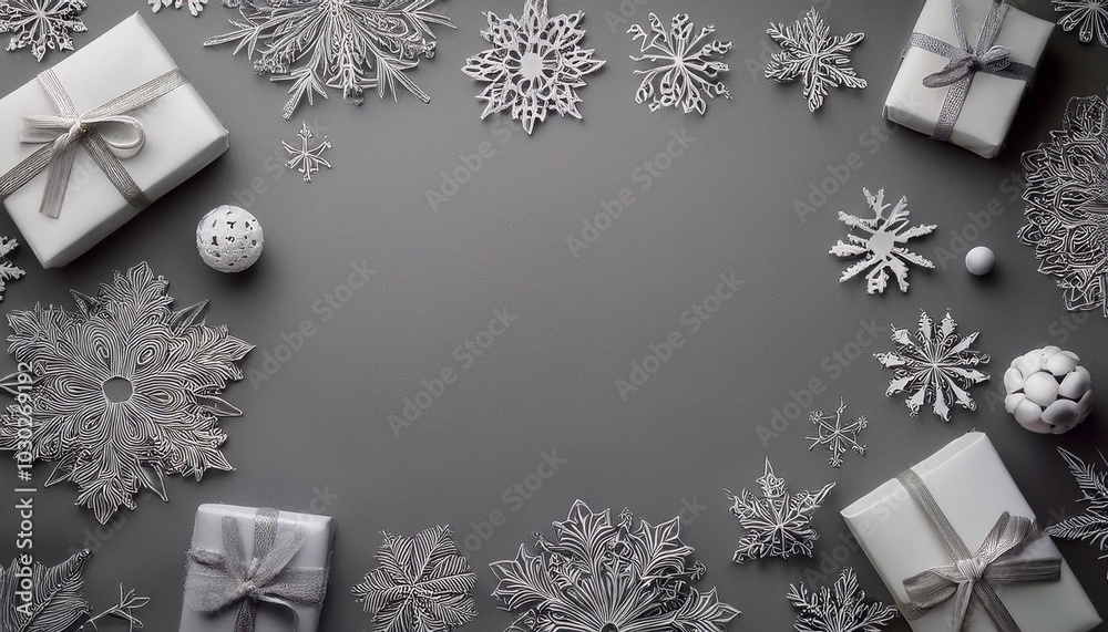 Christmas background with snowflakes and gifts on flat gray surface with space for text Christmas background with snowflakes and gifts on flat gray surface with space for text