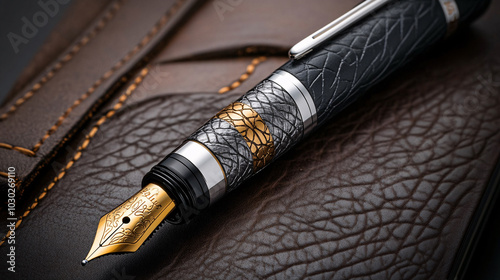 luxurious fountain pen with detailed design resting on textured leather surface, showcasing elegance and craftsmanship. Perfect for writing enthusiasts and collectors photo