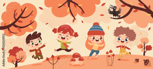 Autumn Illustration With Cartoon Kids