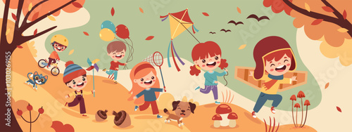Autumn Illustration With Cartoon Kids