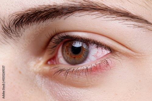 Human Eye with Conjunctivitis extreme close up. Closeup irritated infected red bloodshot eye. Female Eye. Vision. Eyesight. Young woman Eye Opening Wide. Viral infection with redness of eyeball. Macro photo