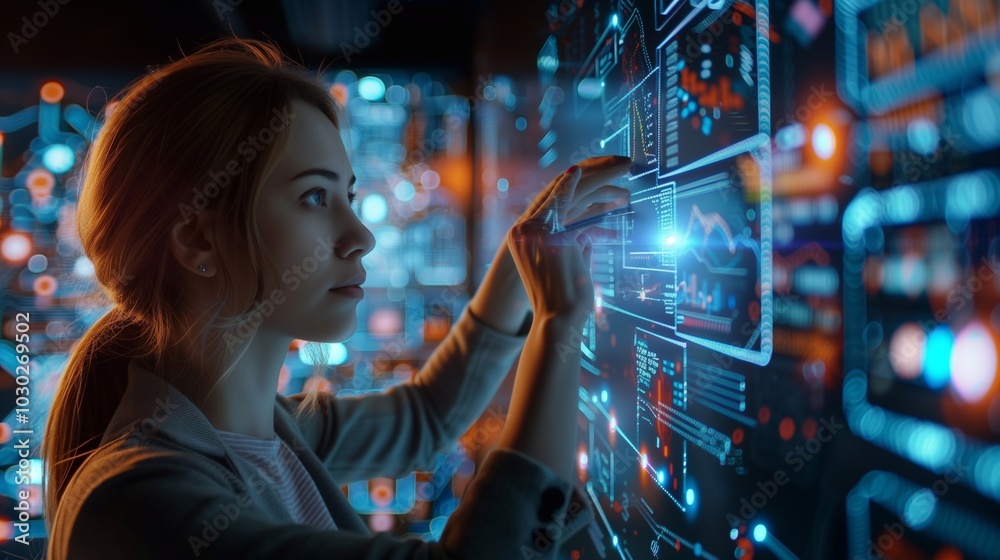 An individual interacts with a high tech display showcasing various data analytics and learning technologies in a dimly lit space An individual interacts with a high tech display showcasing various data analytics and learning technologies in a dimly lit space