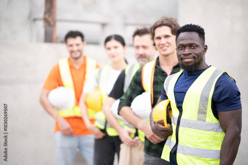 Young black engineer holding hat looking at camera with smile at work site. Portrait og engineer wearing white hard hat at factory Young black engineer holding hat looking at camera with smile at work site. Portrait og engineer wearing white hard hat at factory
