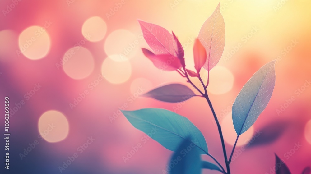 An artistic depiction of leaves in soft focus against a vibrant backdrop featuring colorful bokeh lights. the blend of pastel hues creates a dreamy and uplifting atmosphere.