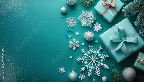 Christmas background with snowflakes and gifts on flat turquoise surface with space for text