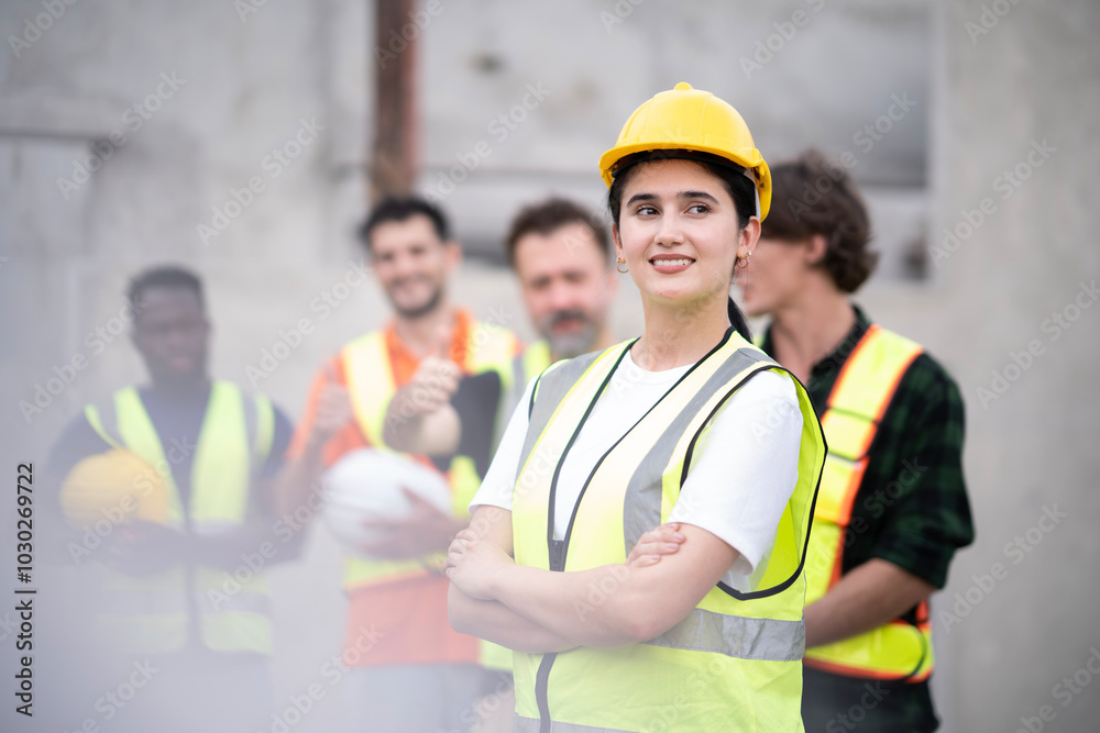 Young White engineer woman cross arm at chest looking front visually with smile at work site. Portrait of engineer wearing white hard hat with blur smile of teamwork. Young White engineer woman cross arm at chest looking front visually with smile at work site. Portrait of engineer wearing white hard hat with blur smile of teamwork.