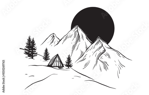 Triangular house or A-frame hut and sun over the mountains vector illustration in linear drawing style. Remote house in the wilderness and forest for adventure or camping on isolated background.