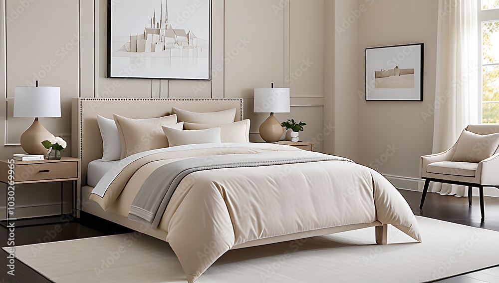 soft beige bedding adorns minimalist french country style modern bedroom elegant neutral tones soft beige bedding adorns minimalist french country style modern bedroom elegant neutral tones