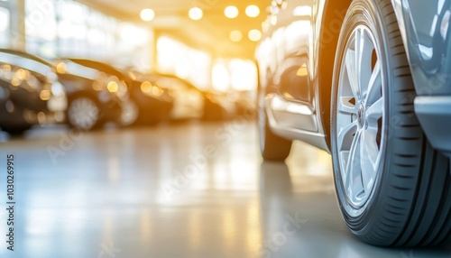 New Cars in Stock at Modern Dealership, Blurred Showroom Interior with Bright Lighting