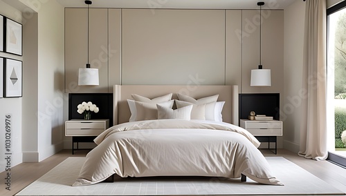 soft beige bedding adorns minimalist french country style modern bedroom elegant neutral tones