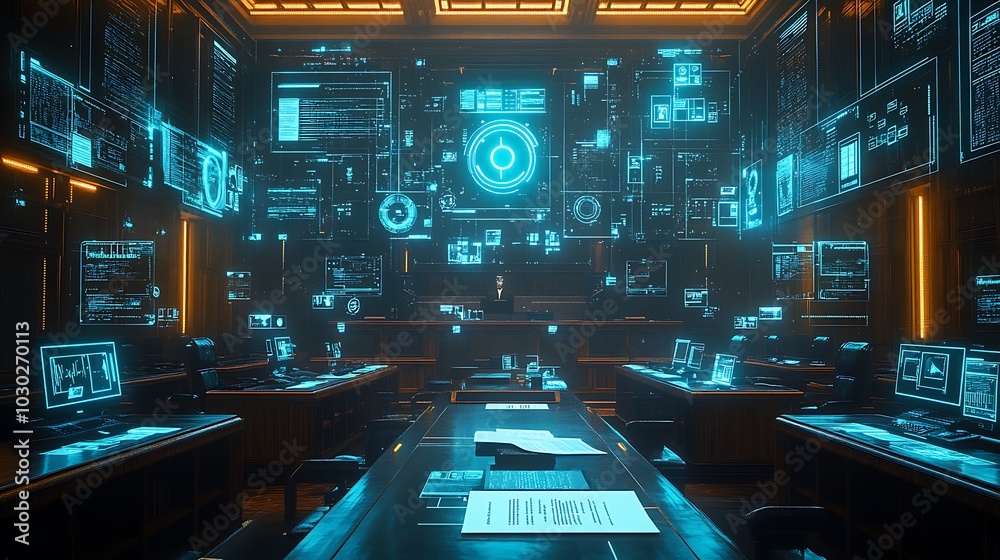 A courtroom discussing privacy laws for IoT devices, glowing holographic screens showing smart devices like cameras and wearables, legal documents floating in the air, A courtroom discussing privacy laws for IoT devices, glowing holographic screens showing smart devices like cameras and wearables, legal documents floating in the air,