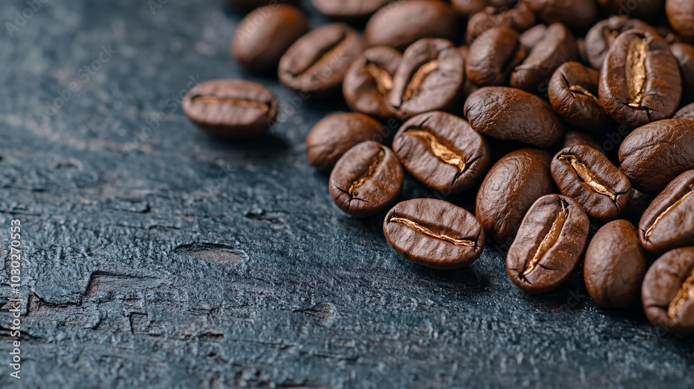 Rich, roasted coffee beans scattered on textured surface, showcasing their deep brown color and glossy sheen. Perfect for coffee lovers and culinary enthusiasts Rich, roasted coffee beans scattered on textured surface, showcasing their deep brown color and glossy sheen. Perfect for coffee lovers and culinary enthusiasts