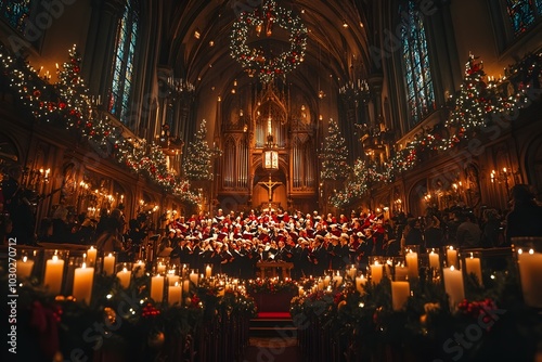 Christmas Choir Singing in Elaborately Decorated Church with Candles and Garlands