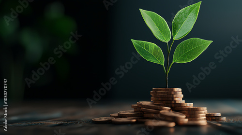 A green plant growing from coins with glowing leaves, symbolizing bright financial prospects